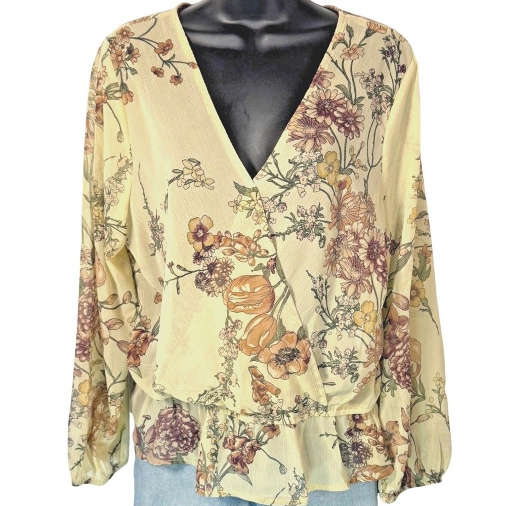 Sheer Botanical Floral V Neck Long Sleeve Peplum Blouse Fairy Boho Womens L